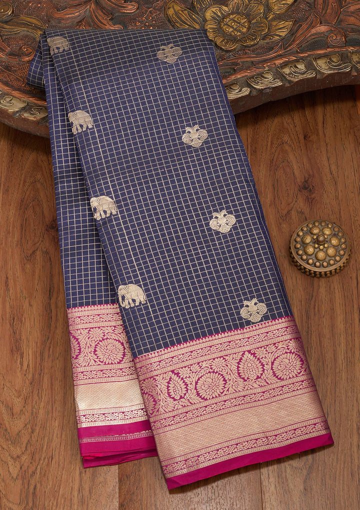 Navy Blue Zariwork Pure Silk Saree