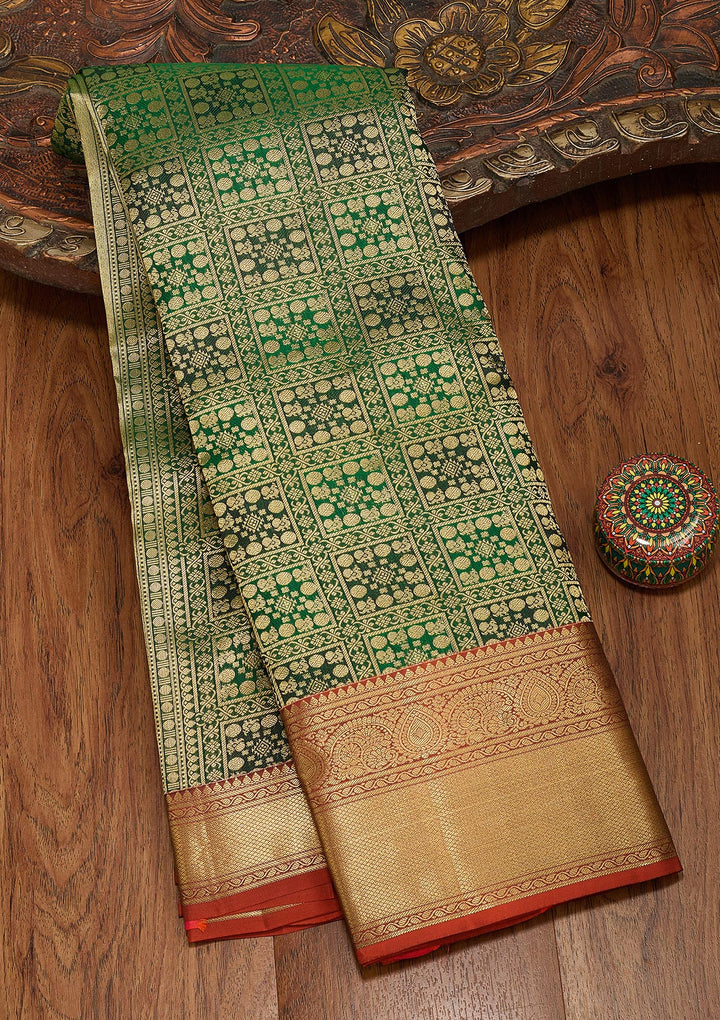 Bottle Green Zariwork Pure Silk Saree