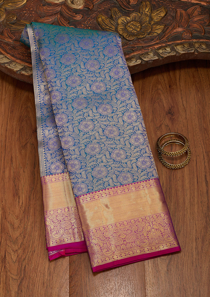 Peacock Blue Zariwork Pure Silk Saree
