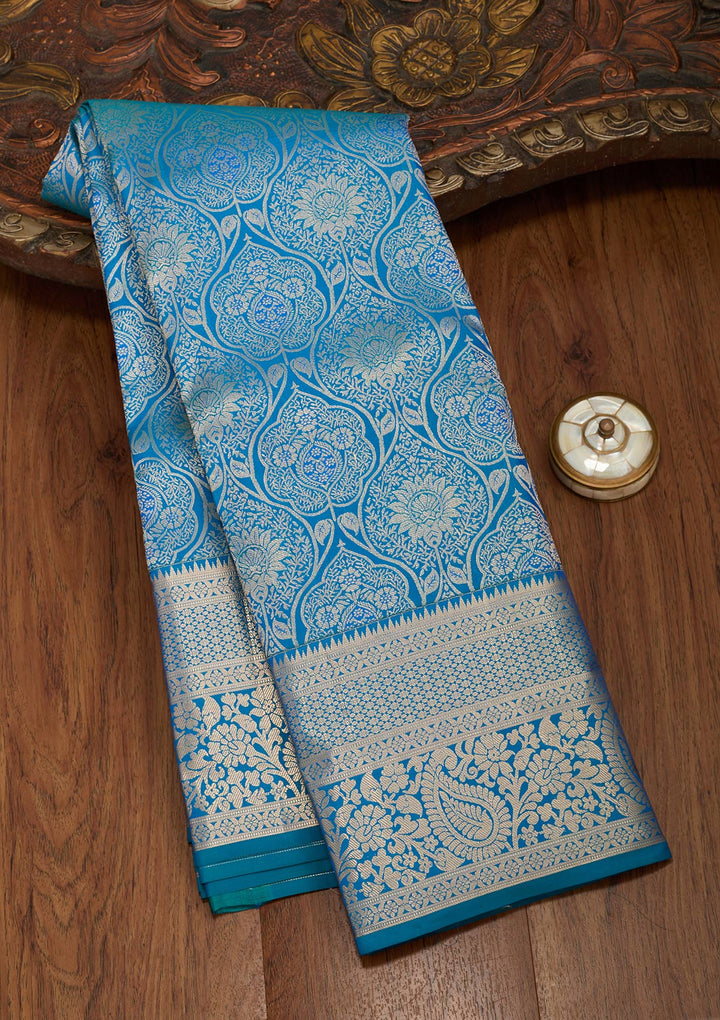 Peacock Blue Zariwork Pure Silk Saree
