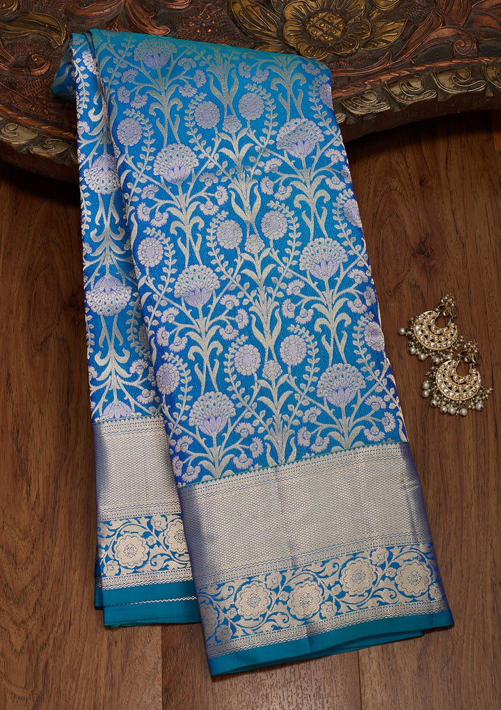 Turquoise Blue Zariwork Pure Silk Saree