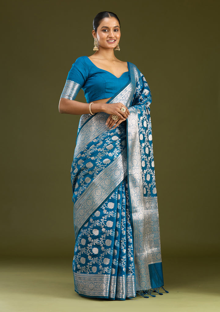 Peacock Blue Zariwork Cotton Silk Saree