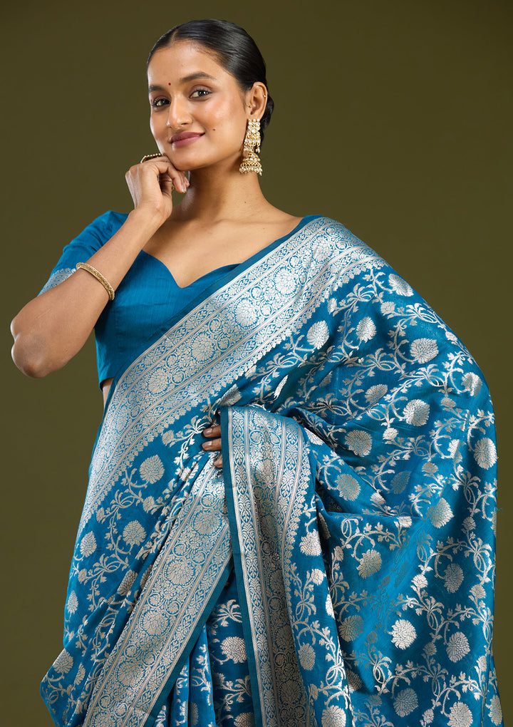 Peacock Blue Zariwork Cotton Silk Saree
