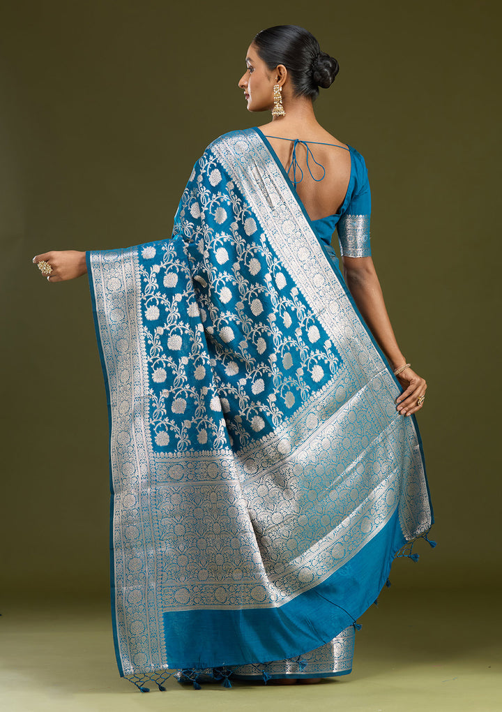 Peacock Blue Zariwork Cotton Silk Saree