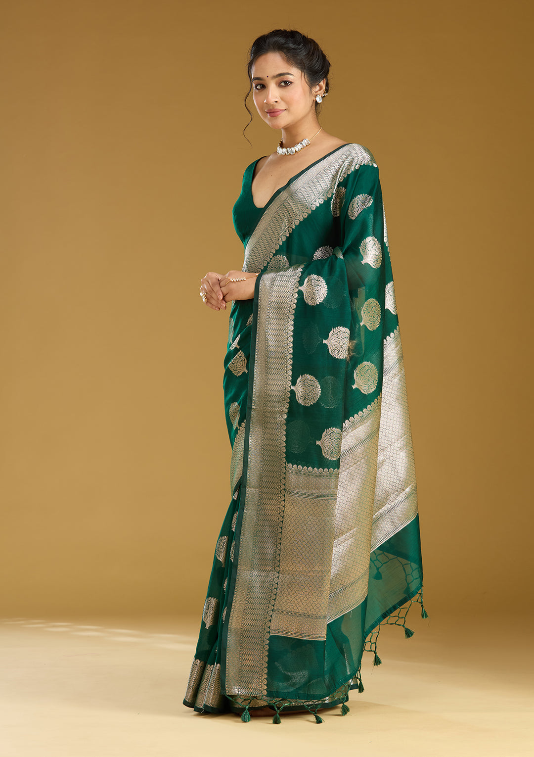 Bottle Green Zariwork (Gold) Art Silk Saree