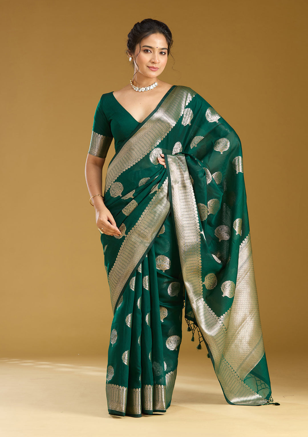 Bottle Green Zariwork (Gold) Art Silk Saree