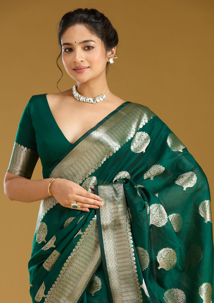 Bottle Green Zariwork (Gold) Art Silk Saree