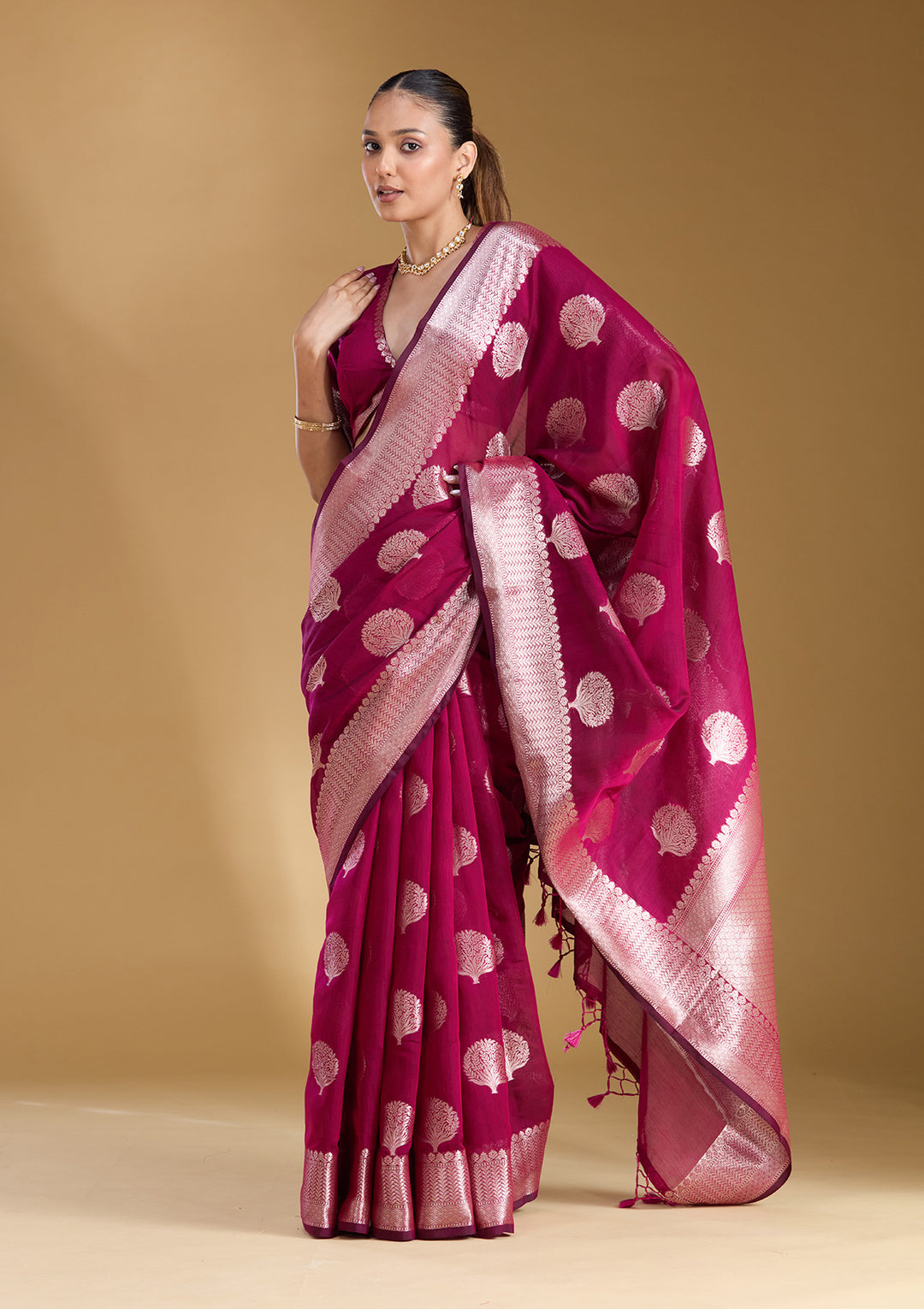 Magenta Pink Zariwork (Gold) Art Silk Silk_Saree