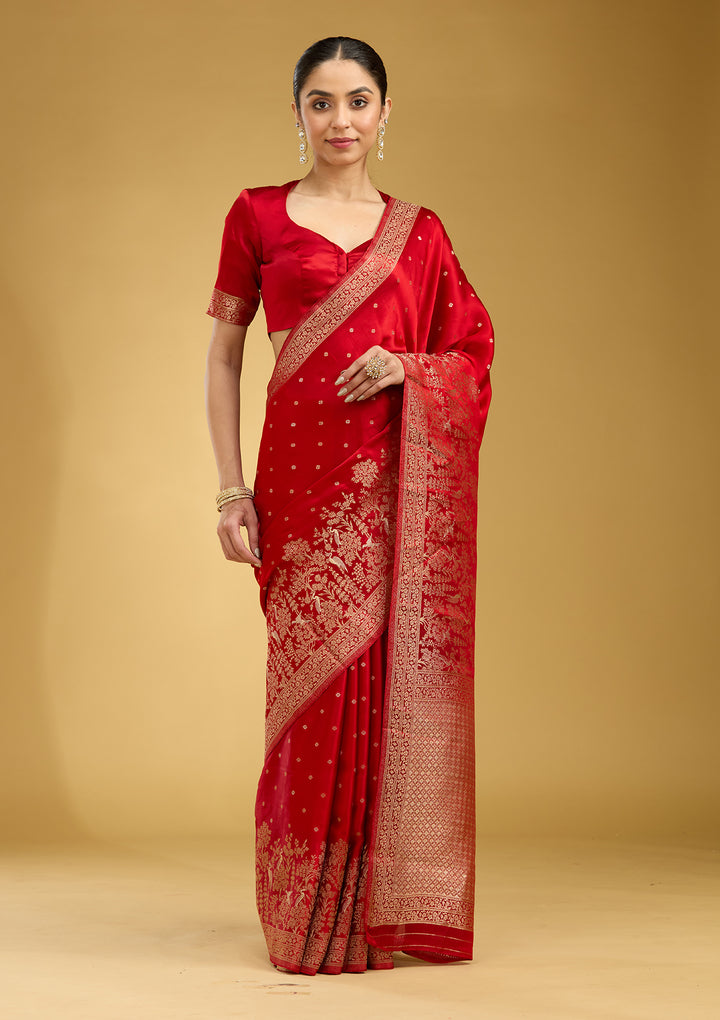 Red Zariwork (Gold) Semi Crepe Silk Saree