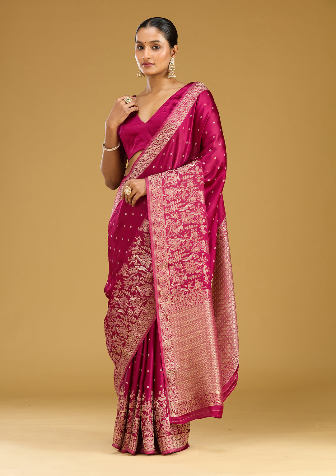 Wine Zariwork (Gold) Semi Crepe Silk Saree