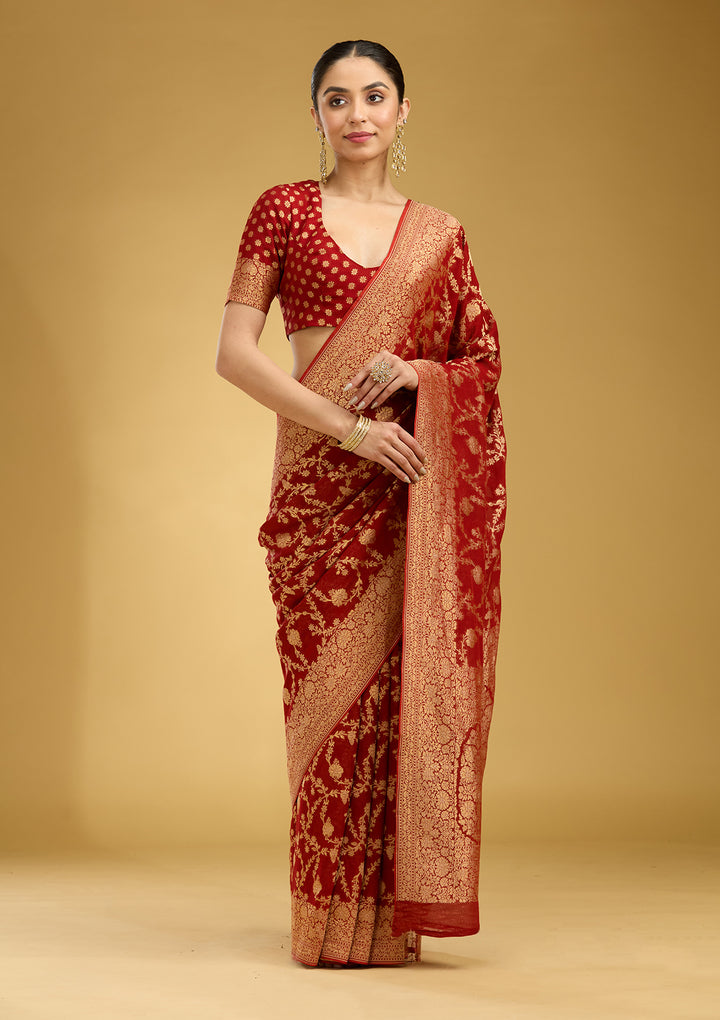 Rust Zariwork (Gold) Silk Saree