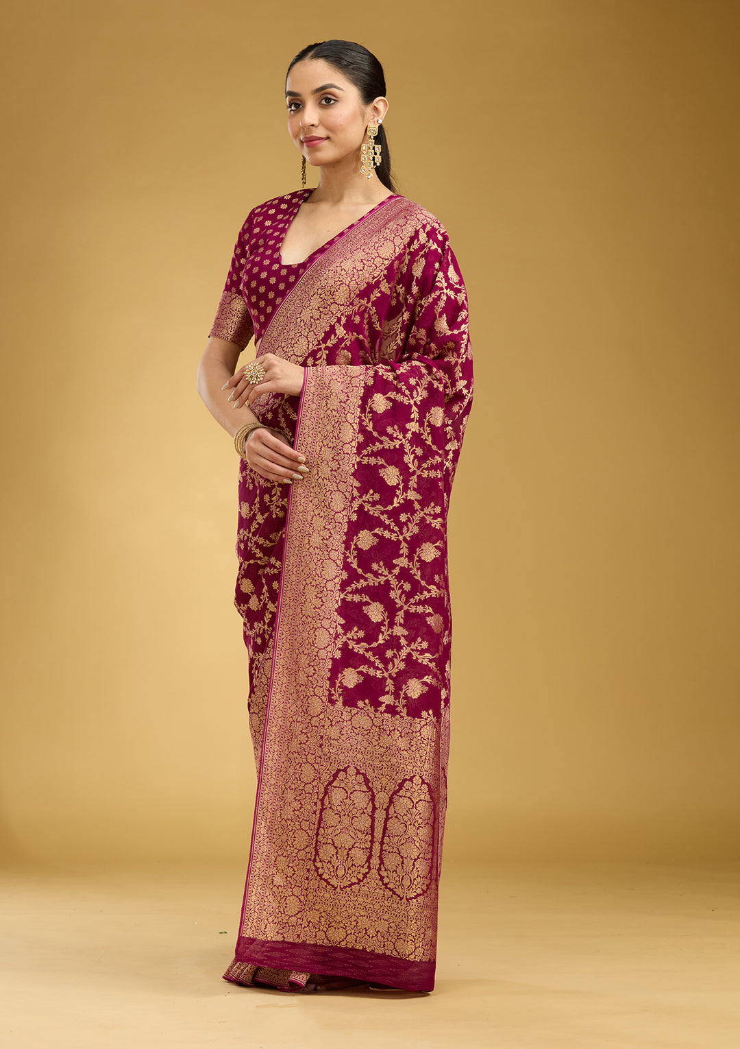 Wine Zariwork (Gold) Silk Saree