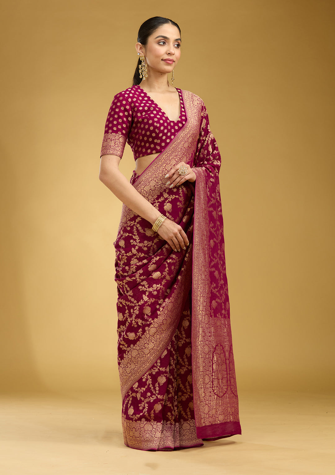 Wine Zariwork (Gold) Silk Saree