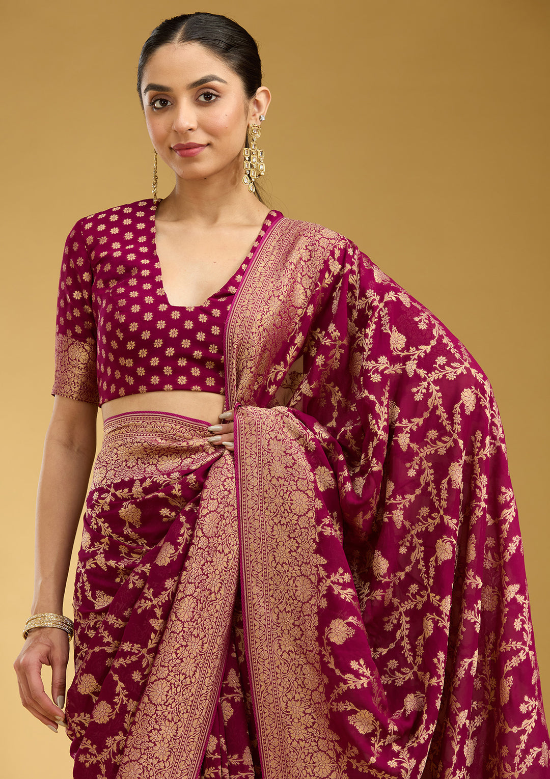 Wine Zariwork (Gold) Silk Saree