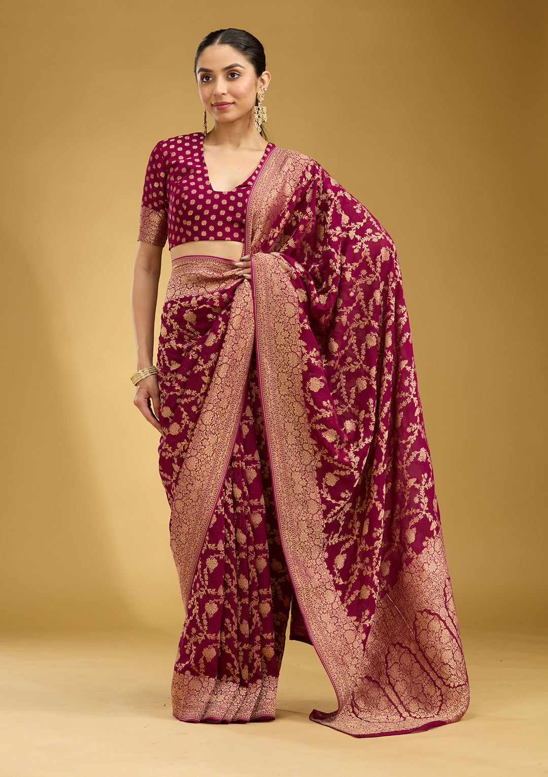 Wine Zariwork (Gold) Silk Saree