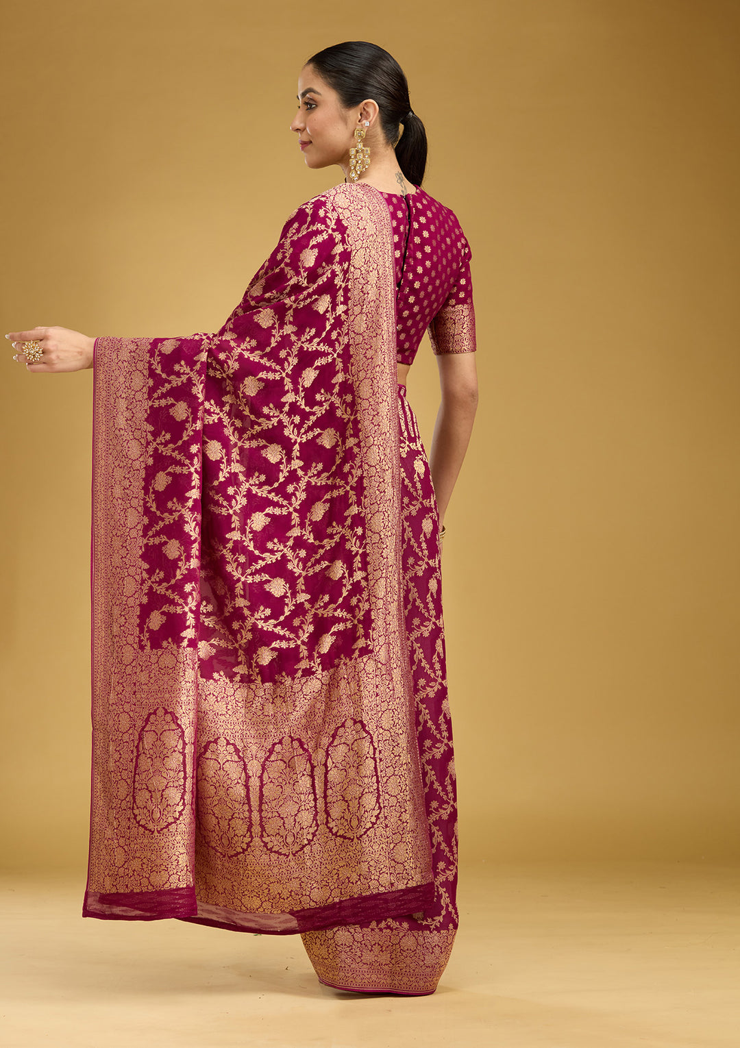 Wine Zariwork (Gold) Silk Saree