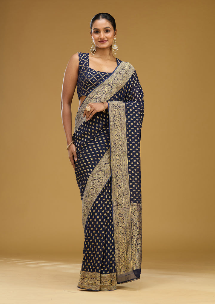Navy Blue Zariwork Georgette Silk Saree