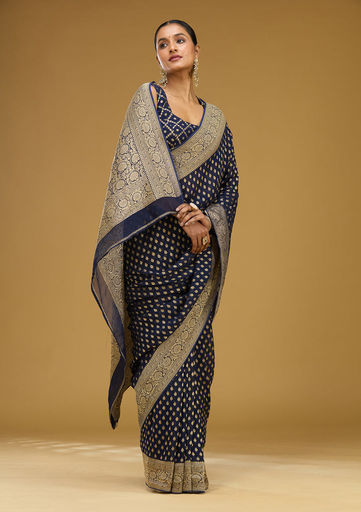 Navy Blue Zariwork Georgette Silk Saree