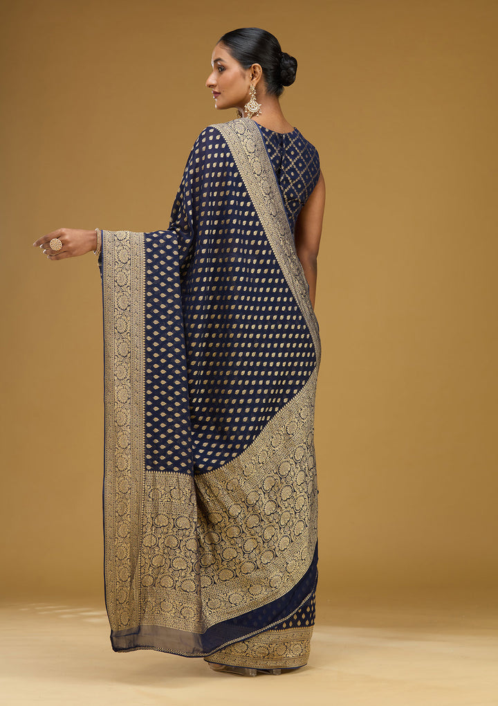 Navy Blue Zariwork Georgette Silk Saree