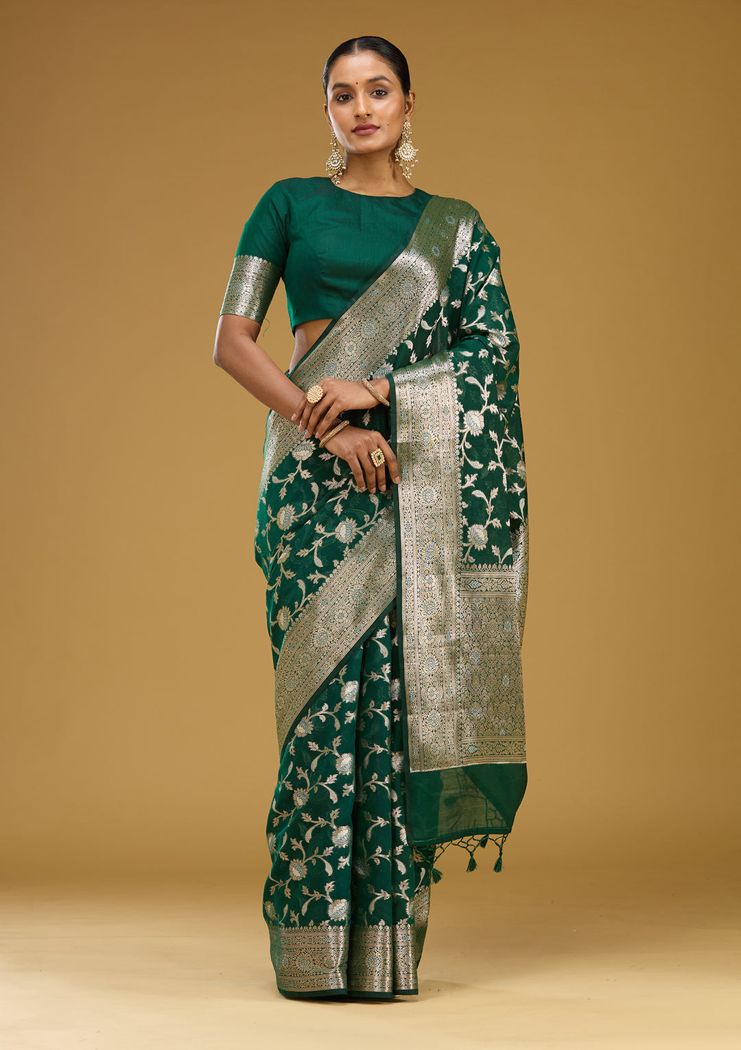 Bottle Green Zariwork Art Silk Silk Saree
