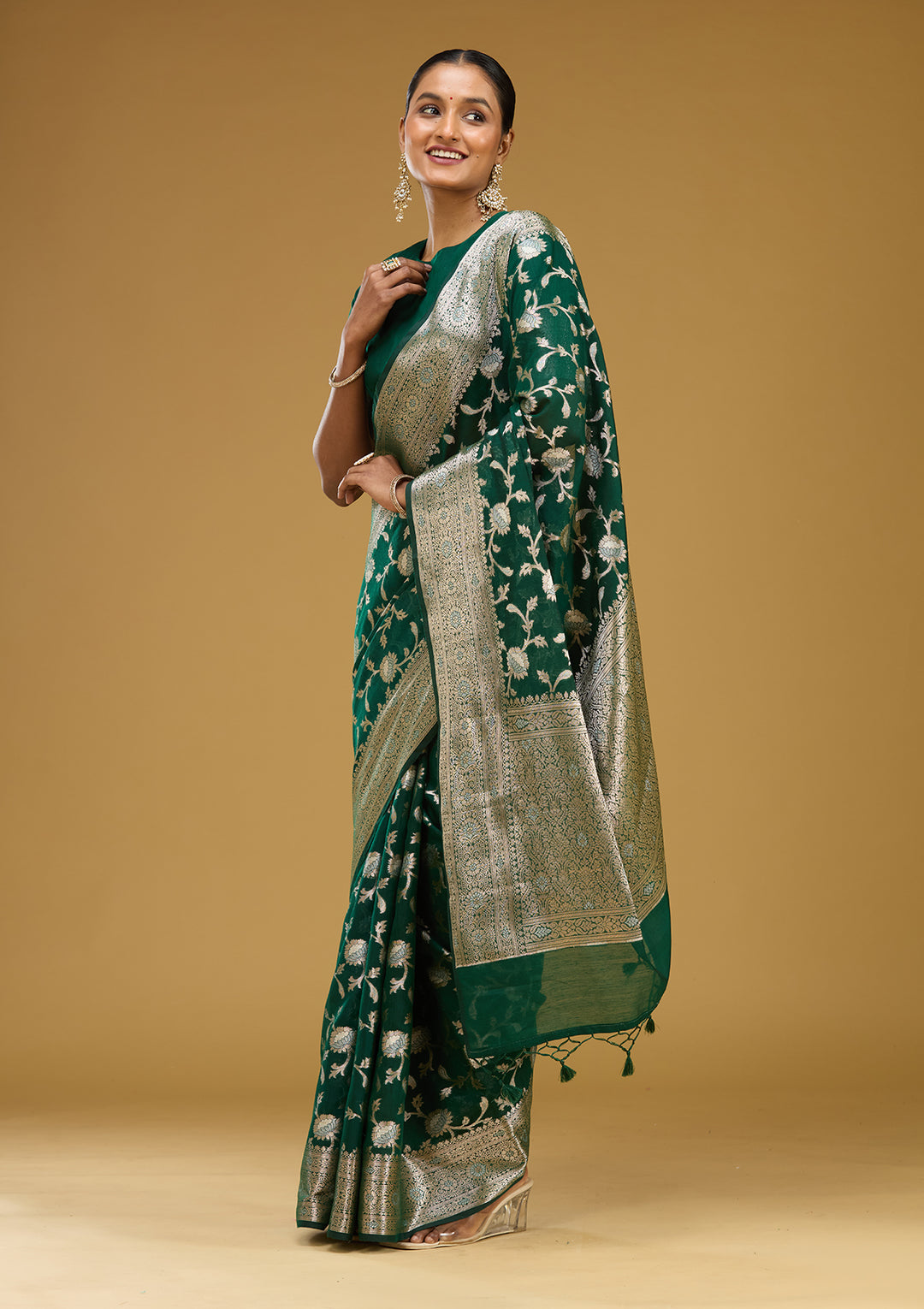 Bottle Green Zariwork Art Silk Silk Saree