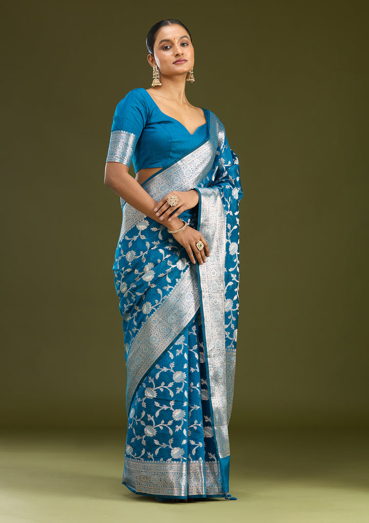 Peacock Blue Zariwork Art Silk Silk Saree