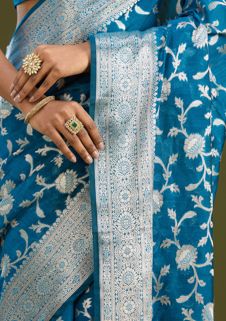 Peacock Blue Zariwork Art Silk Silk Saree