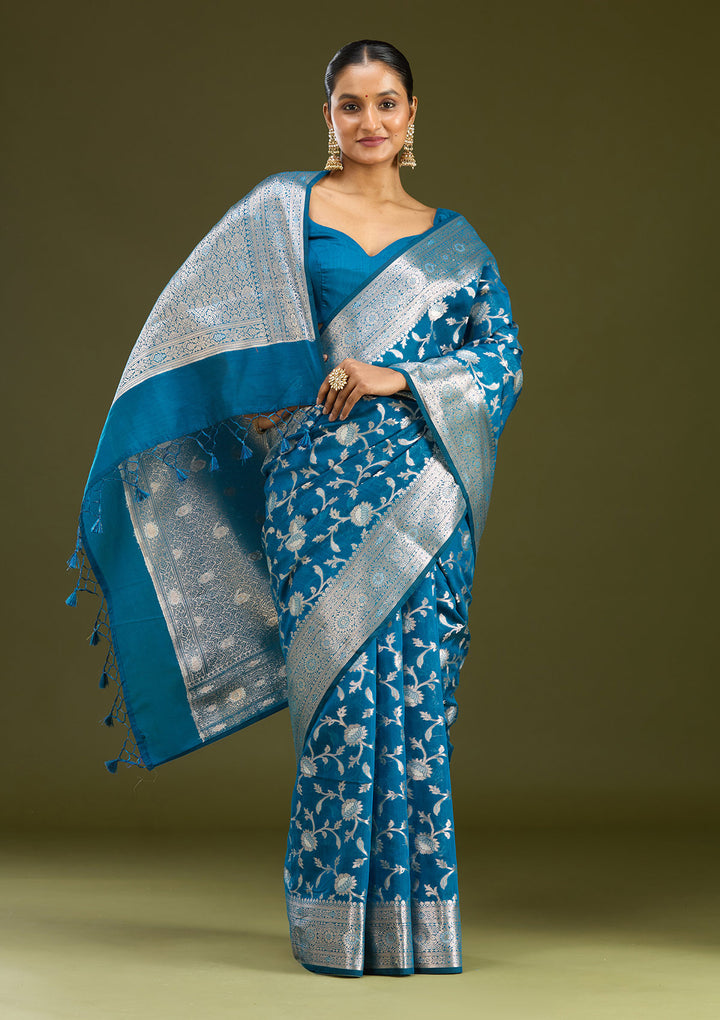 Peacock Blue Zariwork Art Silk Silk Saree