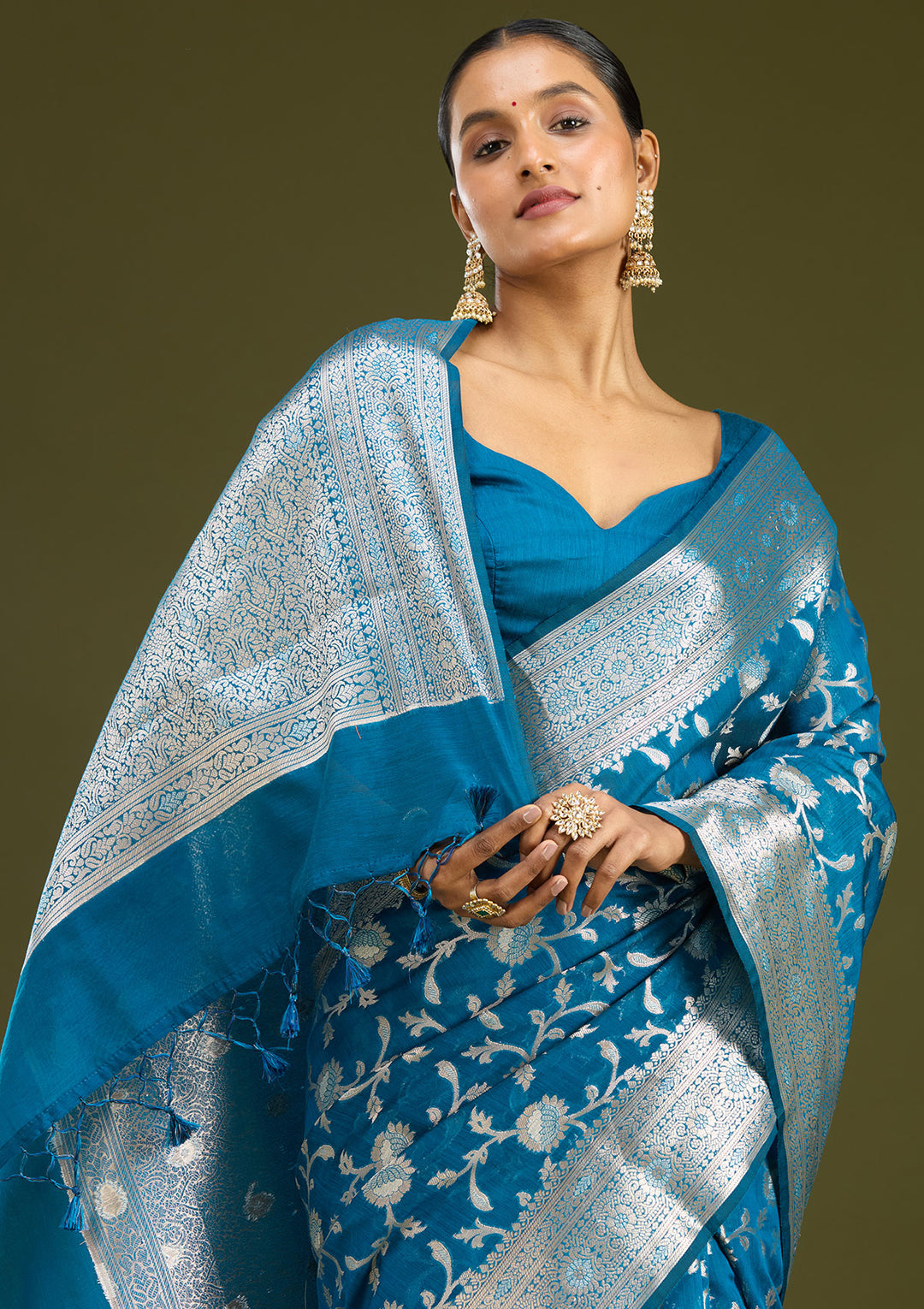 Peacock Blue Zariwork Art Silk Silk Saree