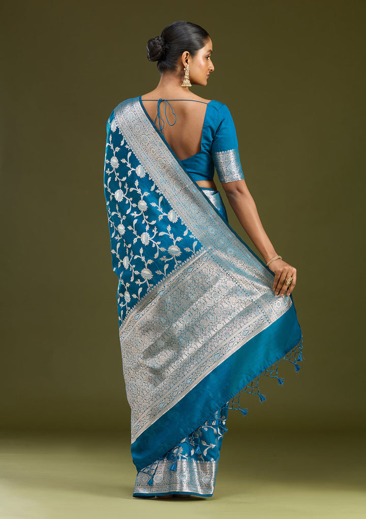 Peacock Blue Zariwork Art Silk Silk Saree