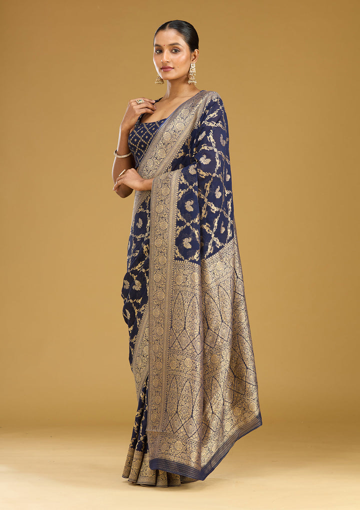 Navy Blue Zariwork Satin Silk Saree