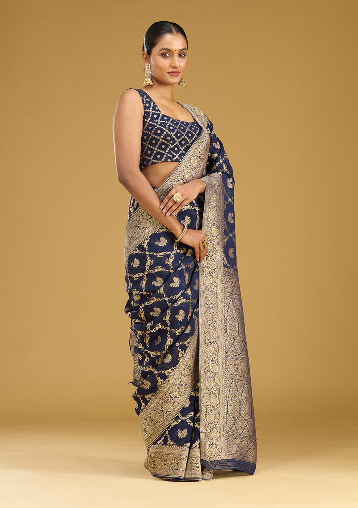 Navy Blue Zariwork Satin Silk Saree