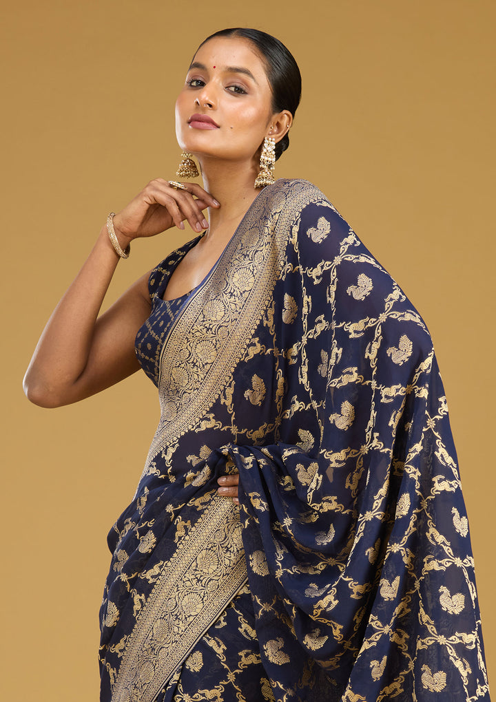 Navy Blue Zariwork Satin Silk Saree