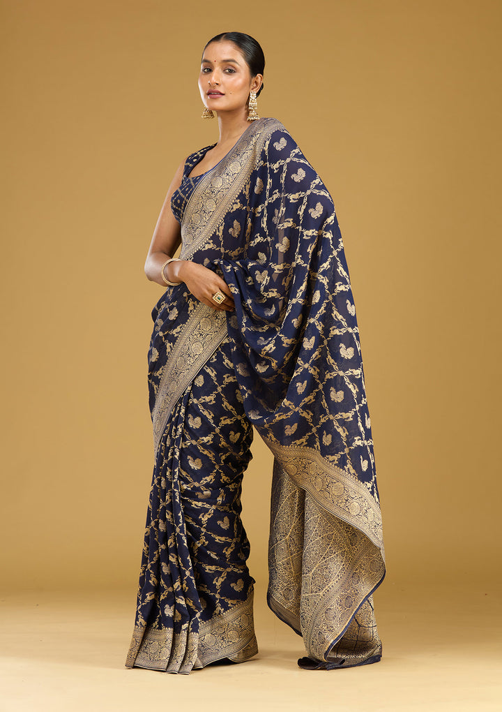 Navy Blue Zariwork Satin Silk Saree