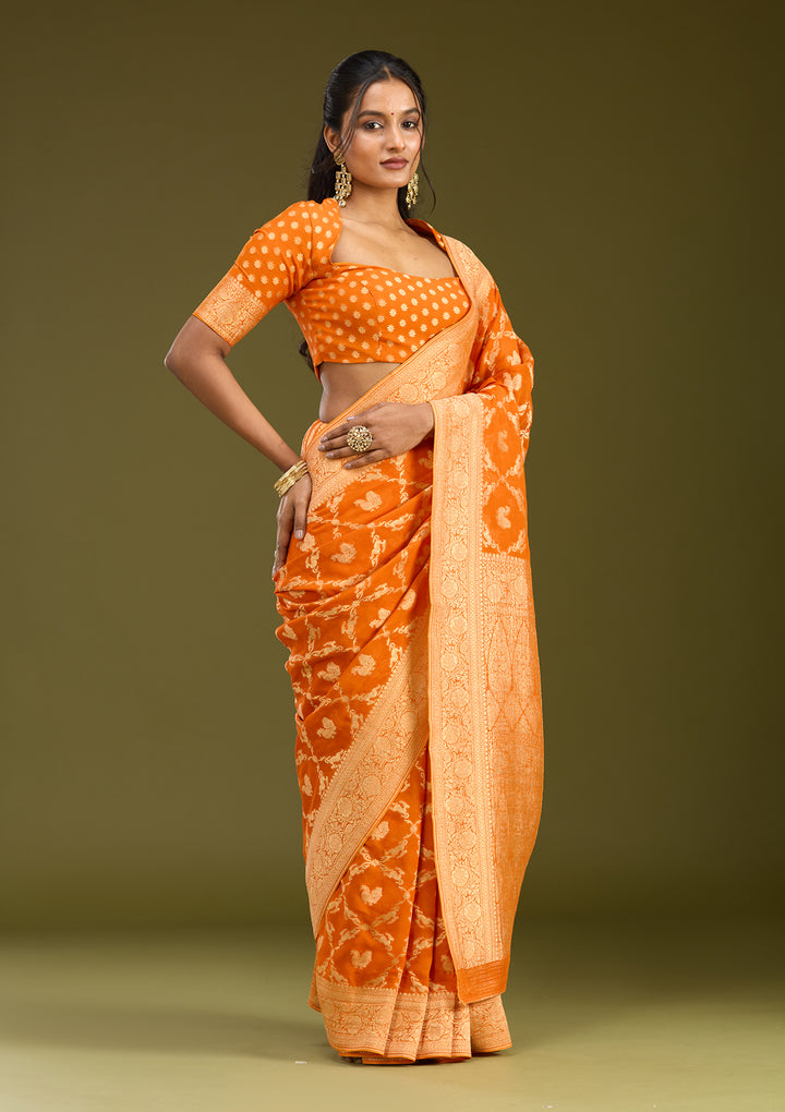 Orange Zariwork Satin Silk Saree