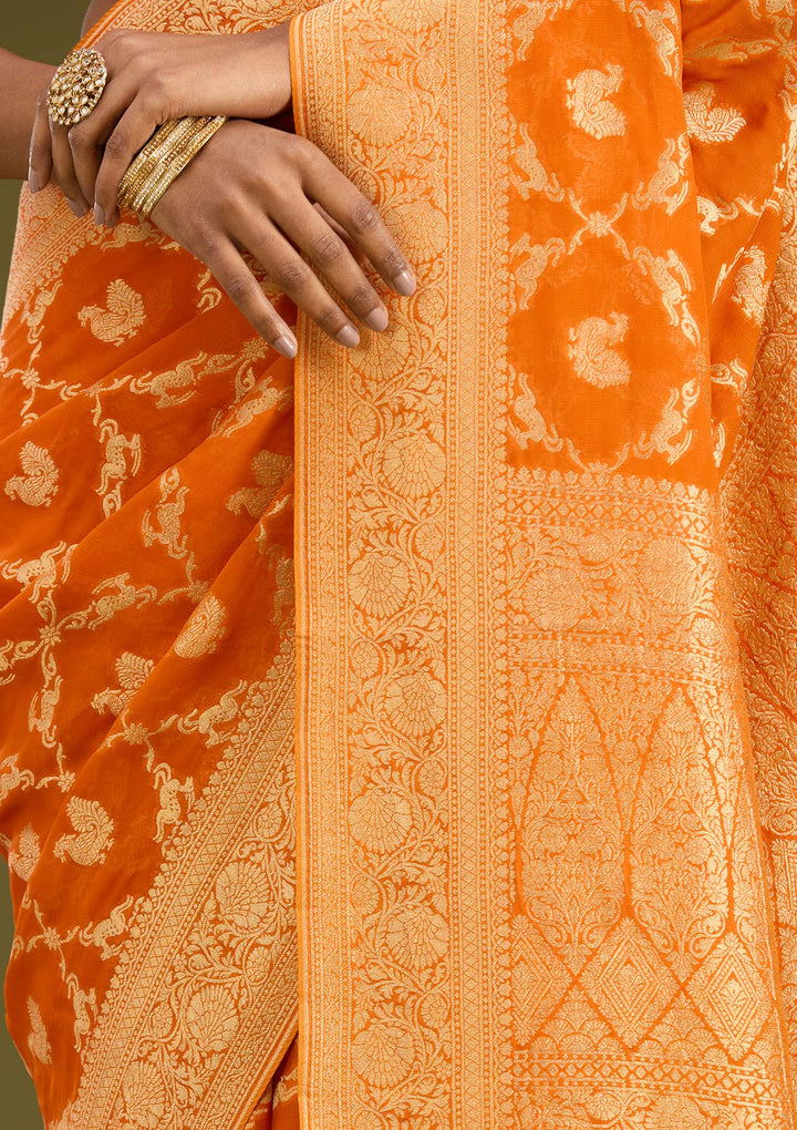 Orange Zariwork Satin Silk Saree