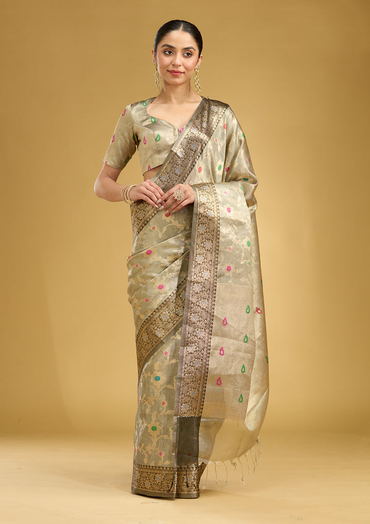 Light Grey Zariwork Tissue Silk Saree