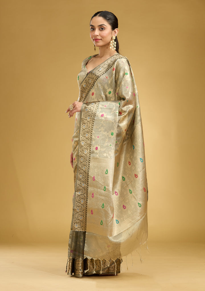 Light Grey Zariwork Tissue Silk Saree