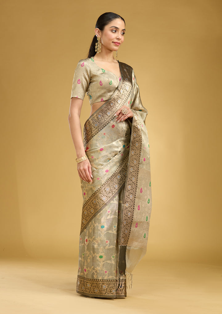 Light Grey Zariwork Tissue Silk Saree