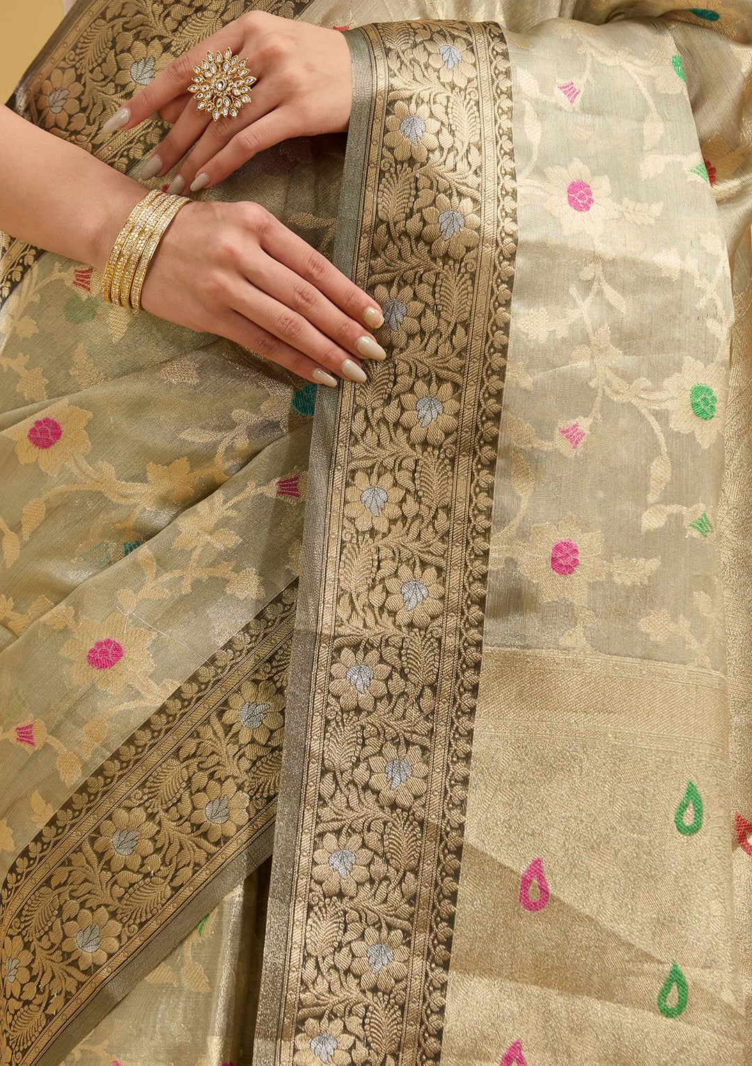 Light Grey Zariwork Tissue Silk Saree