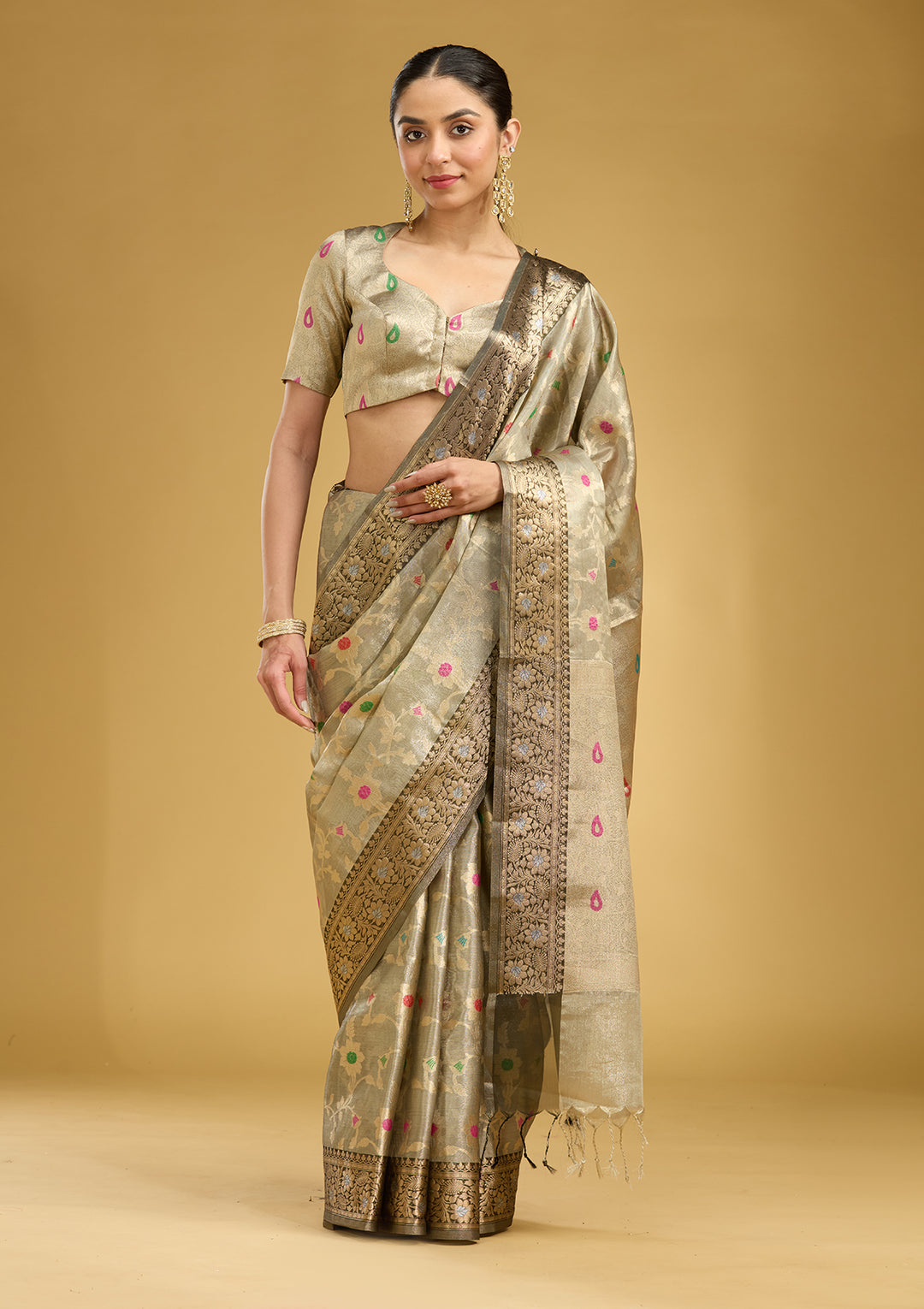 Light Grey Zariwork Tissue Silk Saree