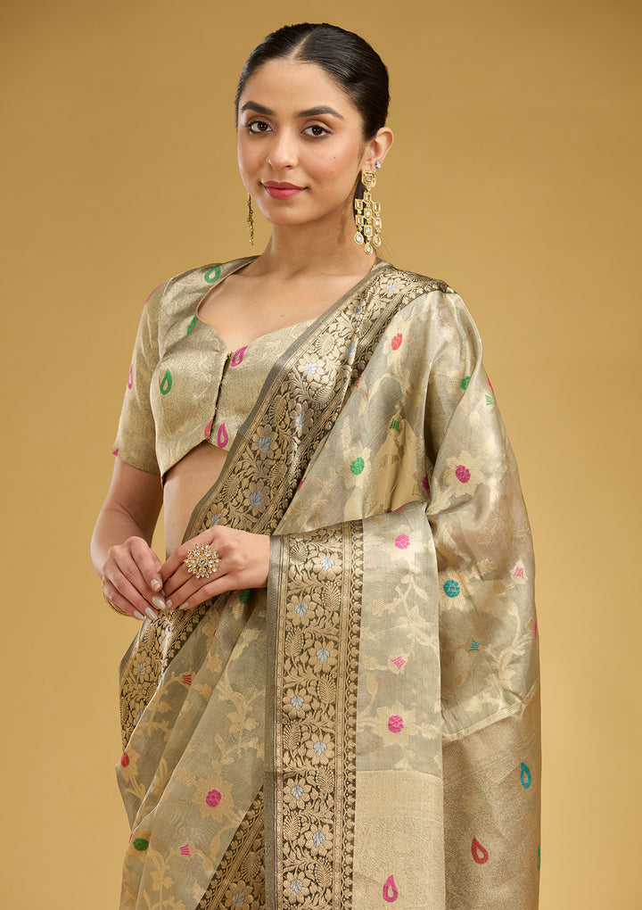 Light Grey Zariwork Tissue Silk Saree