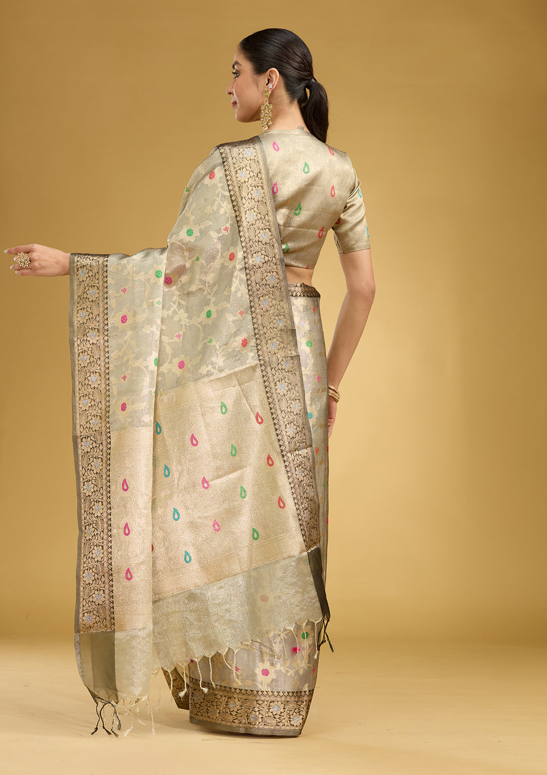 Light Grey Zariwork Tissue Silk Saree