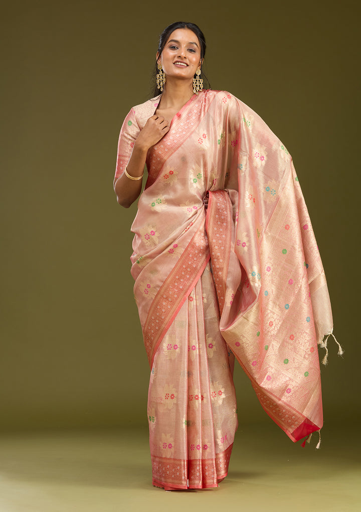 Peach Zariwork (Gold) Tissue Silk Saree
