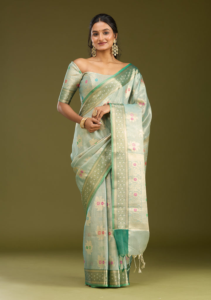 Sea Green Zariwork (Gold) Tissue Silk Saree