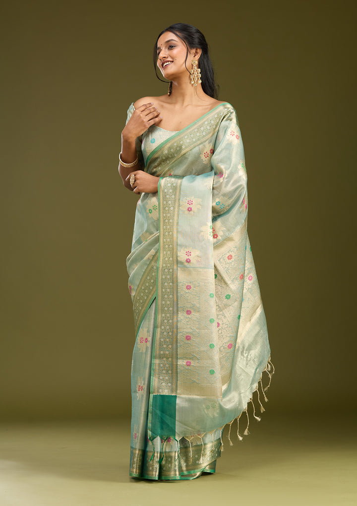 Sea Green Zariwork (Gold) Tissue Silk Saree