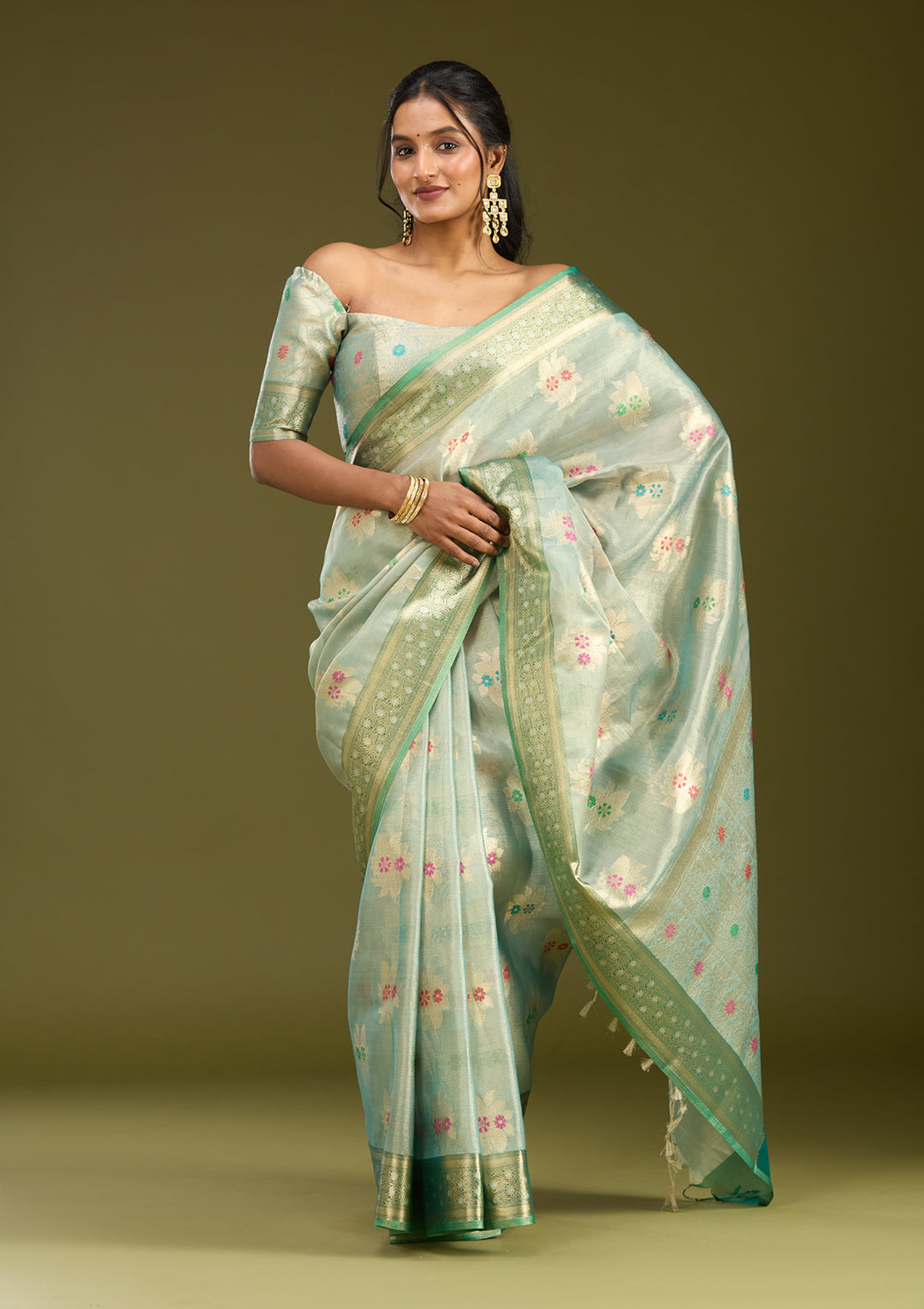 Sea Green Zariwork (Gold) Tissue Silk Saree