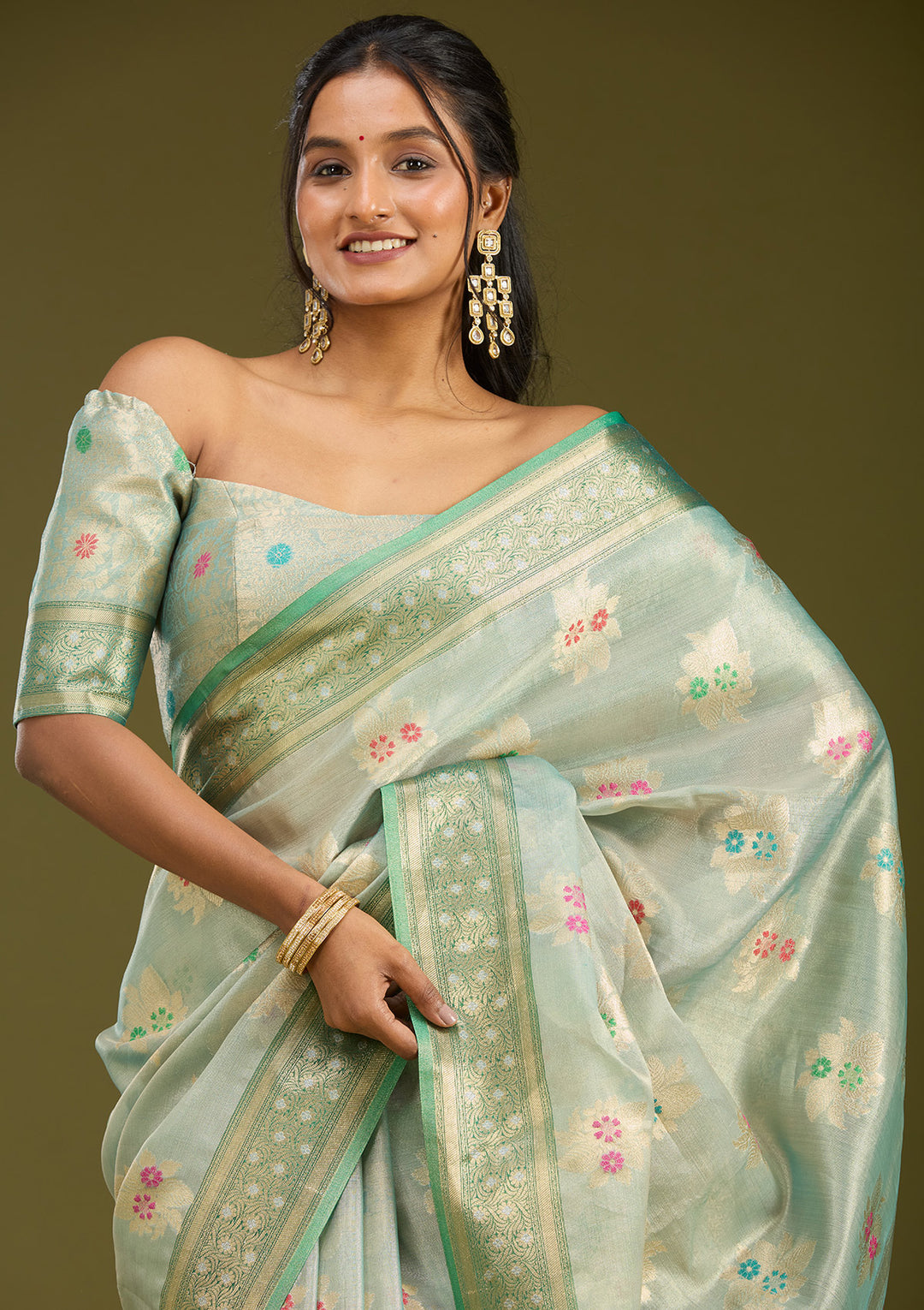 Sea Green Zariwork (Gold) Tissue Silk Saree