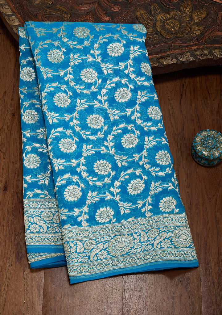 Blue Zariwork Georgette Silk_Saree