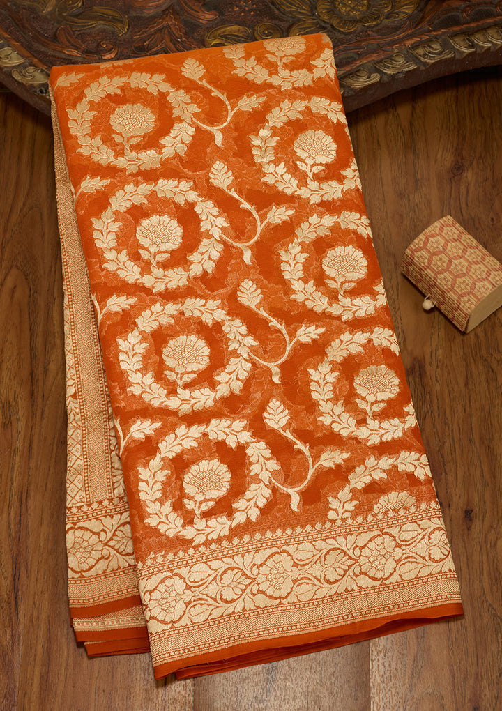 Rust Zariwork Georgette Silk Saree